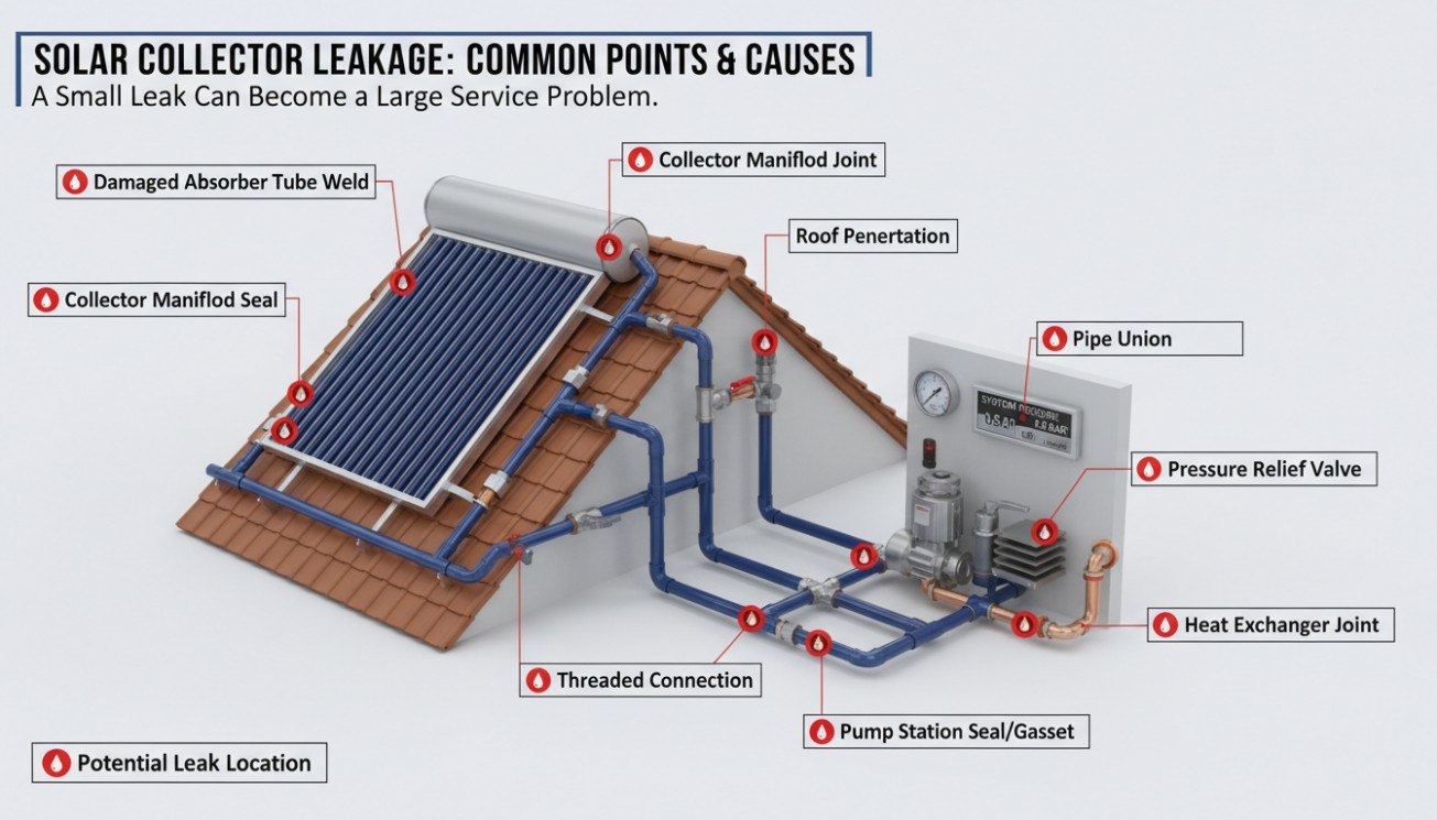 Solar collector leakage diagram showing common leak points including manifold joints, pipe unions, roof penetrations, pressure relief valve, pump station gasket, and heat exchanger joint